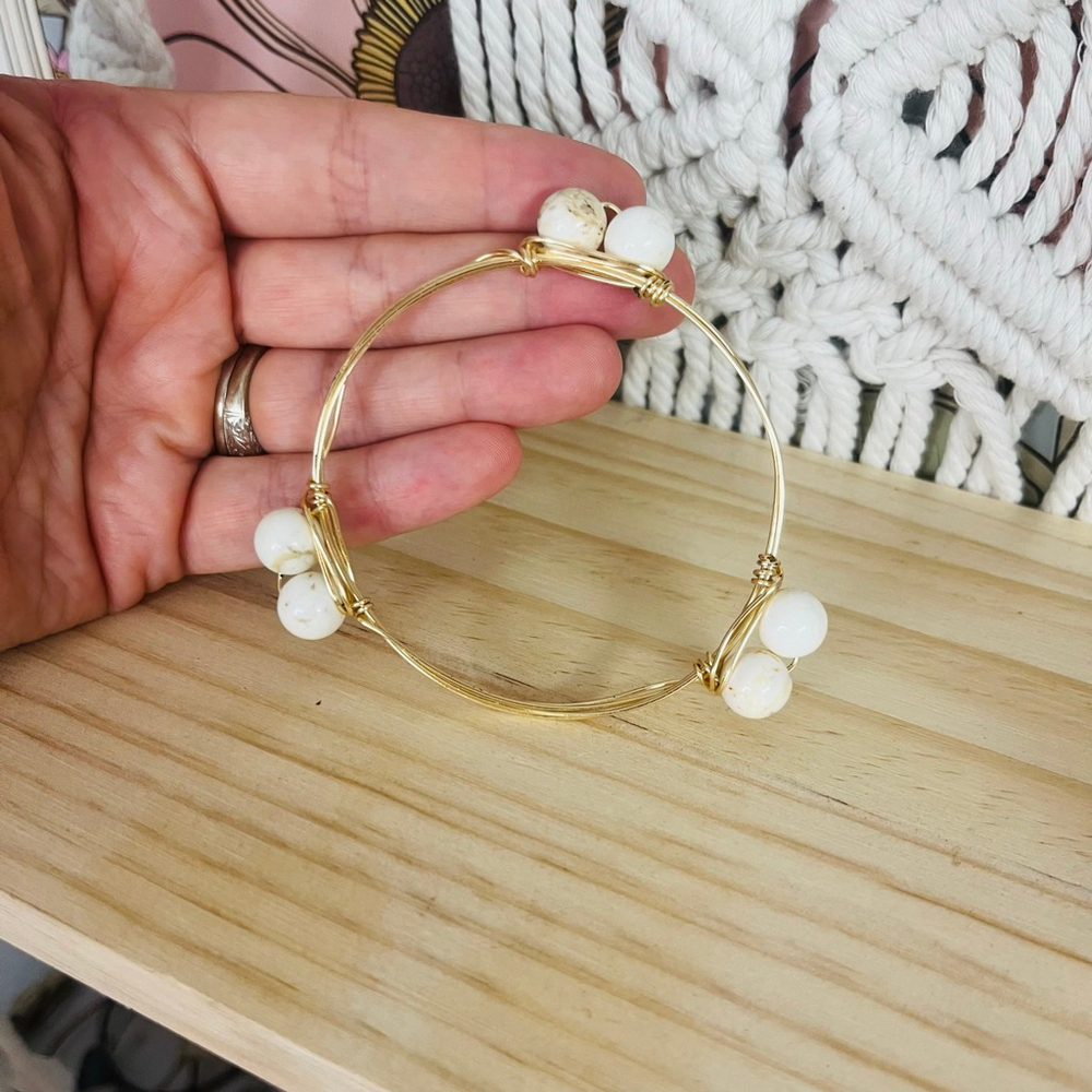 Gold Tone Beaded Bangle Bracelet | White Stone Wire Wrap| Stackable Boho - Picture 5 of 7
